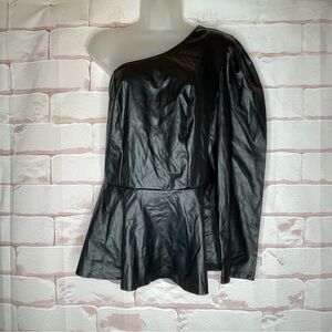 Ashley Stewart Size 14/16 Black Faux Leather One Shoulder Peplum Top